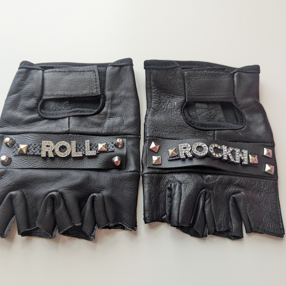 Custom Black Leather Studded Fingerless Gloves Rock n Roll.